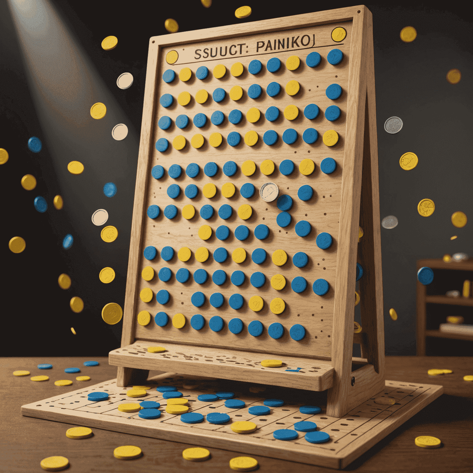 Illustration montrant un plateau de jeu Plinko avec des jetons tombant à travers les chevilles, mettant en évidence les règles et les stratégies de base pour gagner.