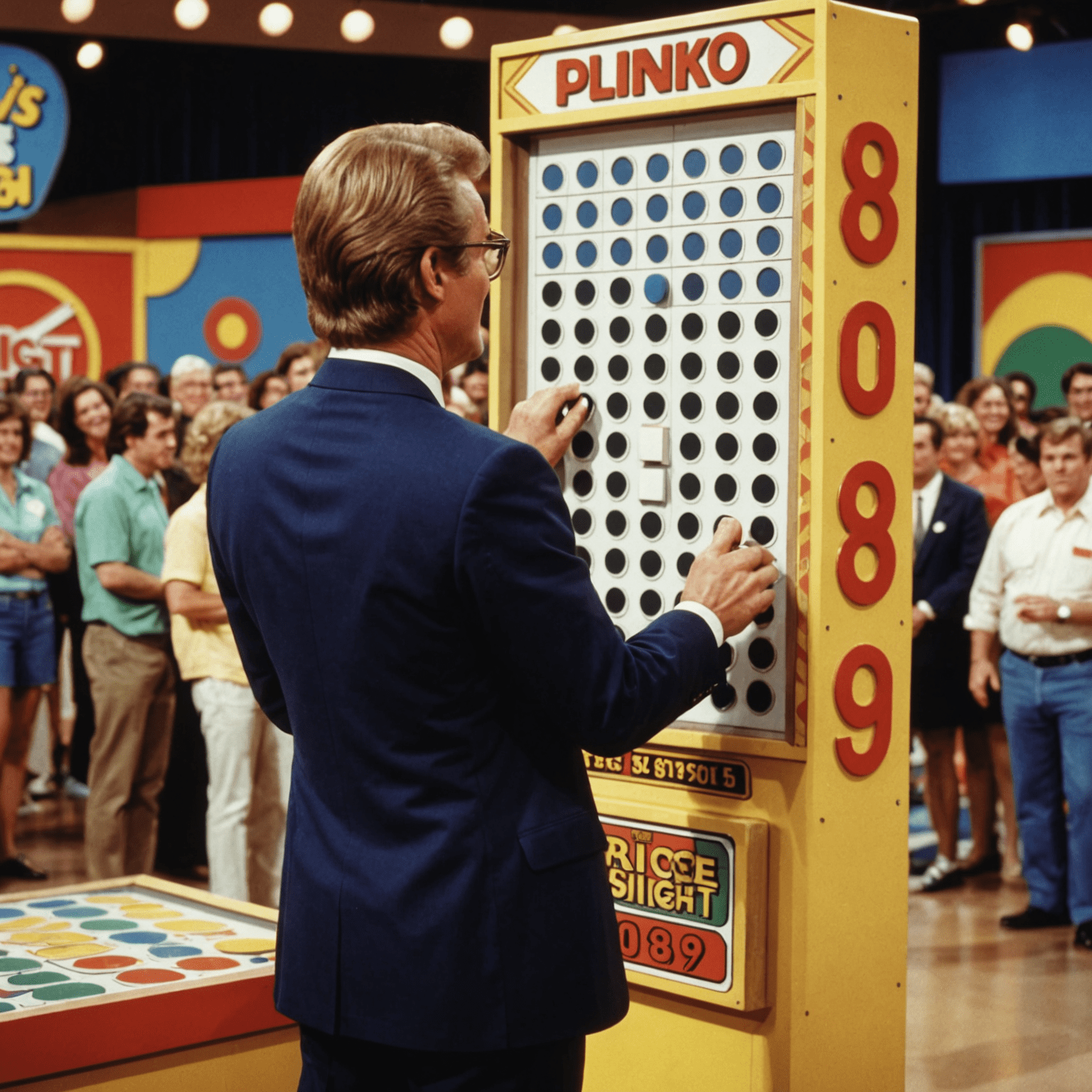 Une photo d'un concurrent jouant à Plinko sur le plateau de The Price is Right dans les années 1980